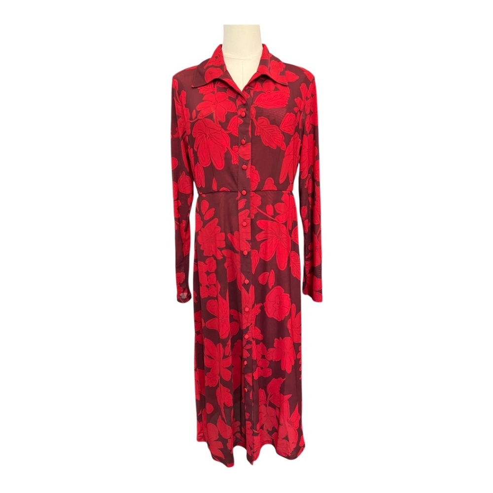 🩸🟣 EUC CABI Deep Red & Plum Floral Mesh Shirt Dress | Sz S - Picture 2 of 11